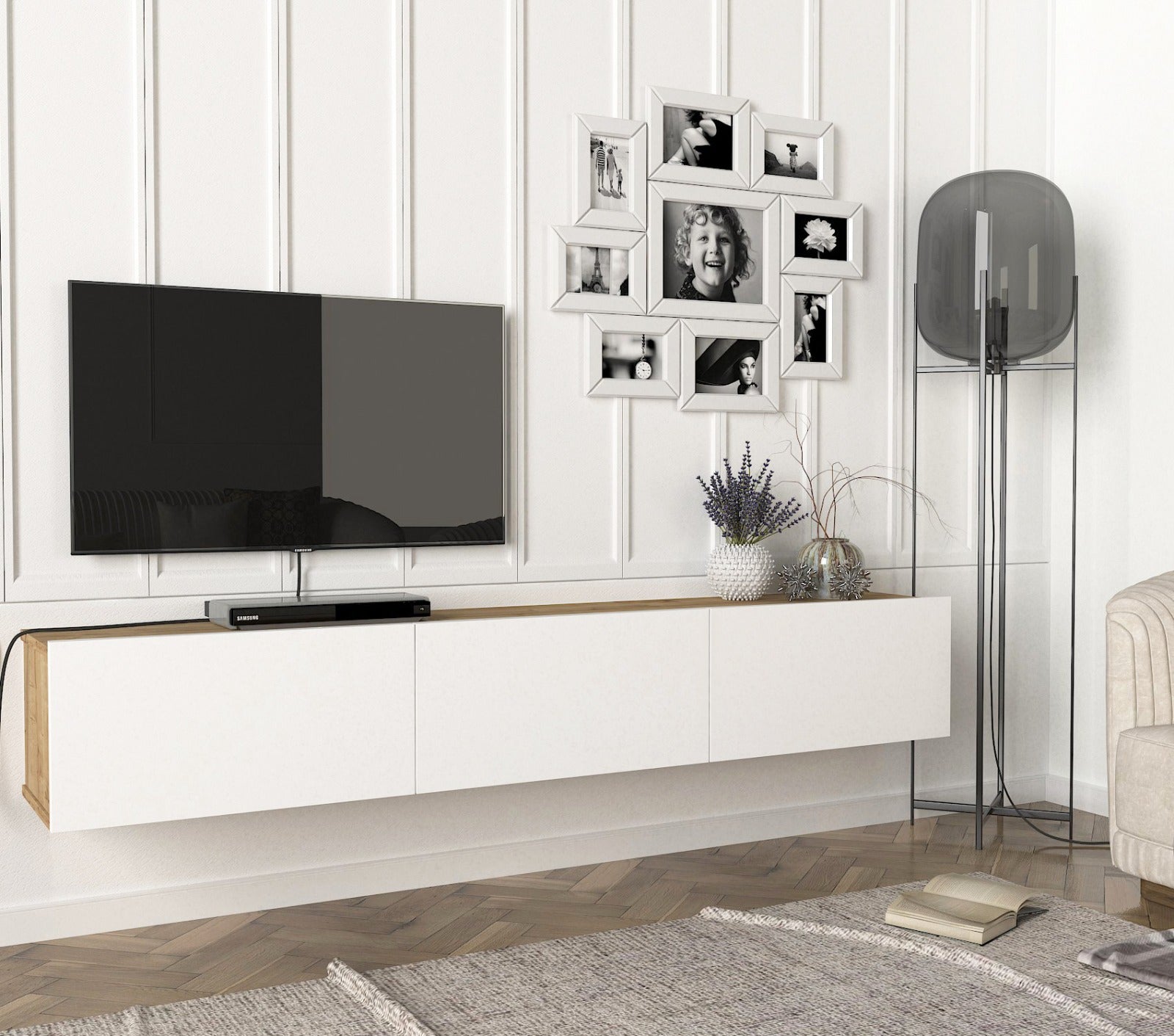 Stand TV Suspendu ALMAD 180cm - Chêne et Blanc Stand TV Suspendu ALMAD 180cm - Chêne et Blanc