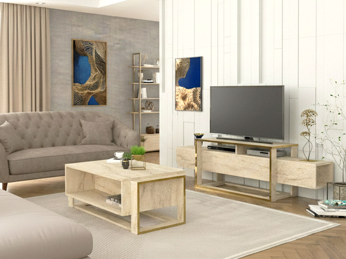 Ensemble Meuble TV & Table basse Travertin Bianco Ensemble Meuble TV & Table basse Travertin Bianco
