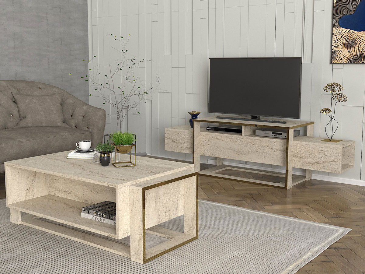 Ensemble Meuble TV & Table basse Travertin Bianco Ensemble Meuble TV & Table basse Travertin Bianco