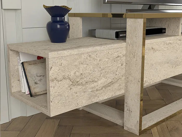 Ensemble Meuble TV & Table basse Travertin Bianco Ensemble Meuble TV & Table basse Travertin Bianco