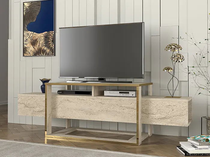 Ensemble Meuble TV & Table basse Travertin Bianco Ensemble Meuble TV & Table basse Travertin Bianco