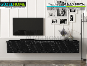 Stand TV Suspendu ALMAD 180cm - Noir et effet marbre - Meubles de décoration chez GÜZELHOME Maroc