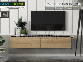 Table TV Suspendu ARIS 135cm - Noir et Chêne - Meubles de décoration chez GÜZELHOME Maroc