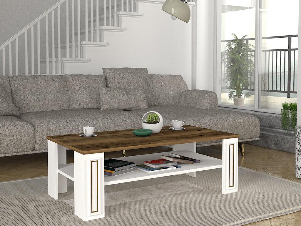 Table Basse SANSA - Blanc, Noyer et doré - Salon et Séjour Table Basse SANSA - Blanc, Noyer et doré - Salon et Séjour