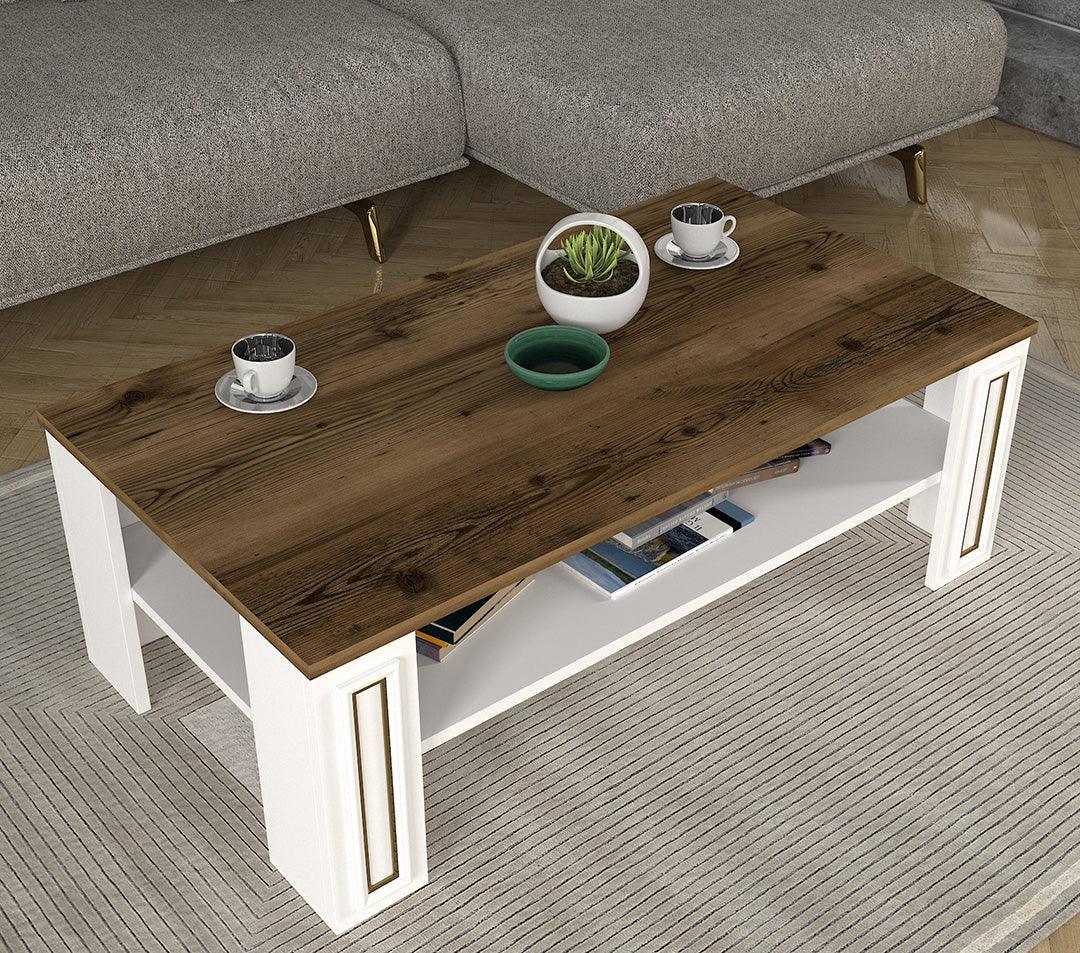 Table Basse SANSA - Blanc, Noyer et doré - Salon et Séjour Table Basse SANSA - Blanc, Noyer et doré - Salon et Séjour
