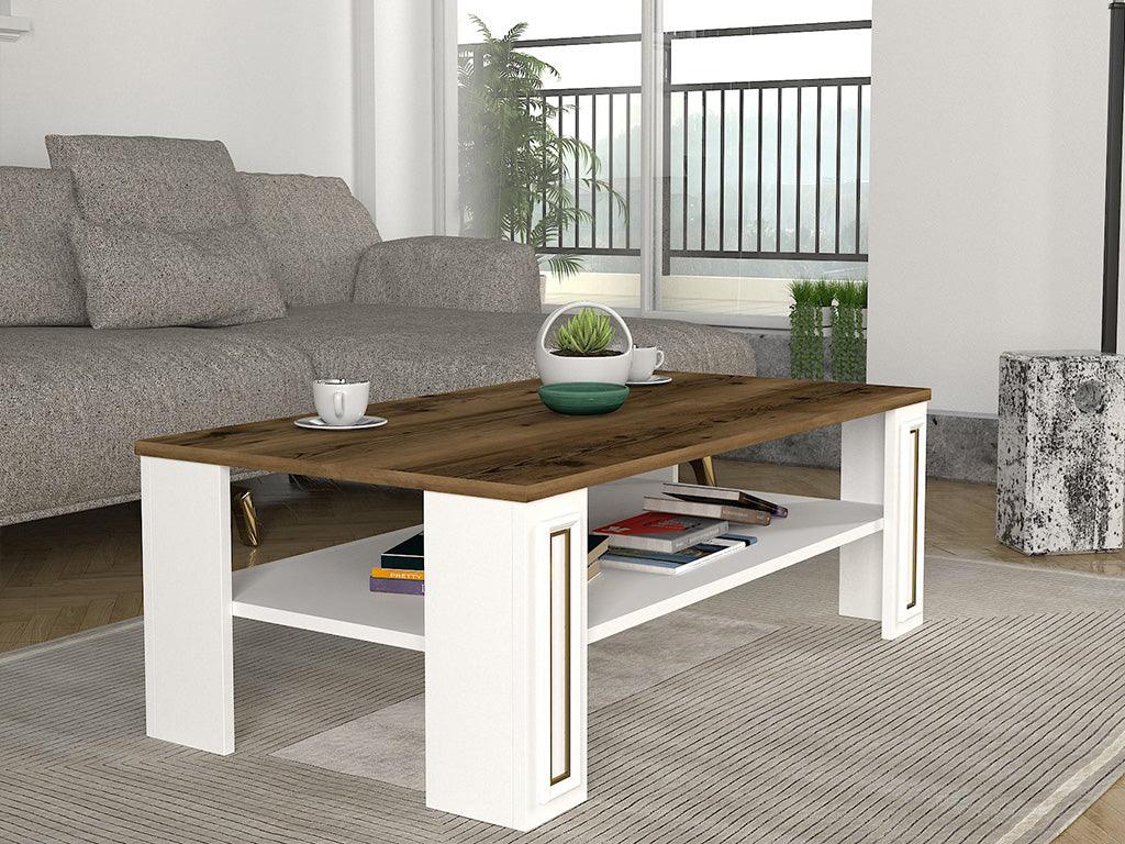 Table Basse SANSA - Blanc, Noyer et doré - Salon et Séjour Table Basse SANSA - Blanc, Noyer et doré - Salon et Séjour