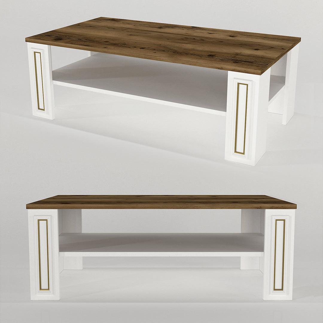 Table Basse SANSA - Blanc, Noyer et doré - Salon et Séjour Table Basse SANSA - Blanc, Noyer et doré - Salon et Séjour