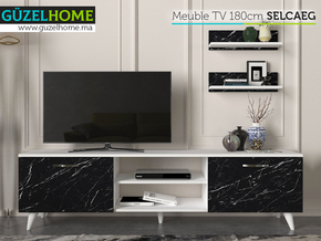 Meuble TV SELCAEG - Blanc et Effet Marbre - Salon et séjour - Meubles de décoration chez GÜZELHOME Maroc