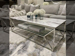 Table moderne HIEARCHIQUO - Vrai marbre blanc et Inox argenté - Meubles de décoration chez GÜZELHOME Maroc