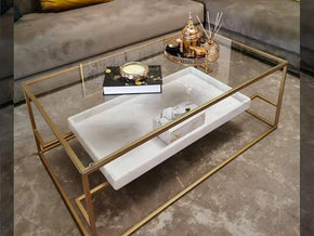 Table basse design PLATO - Verre Marbre et Métal - Meubles de décoration chez GÜZELHOME Maroc