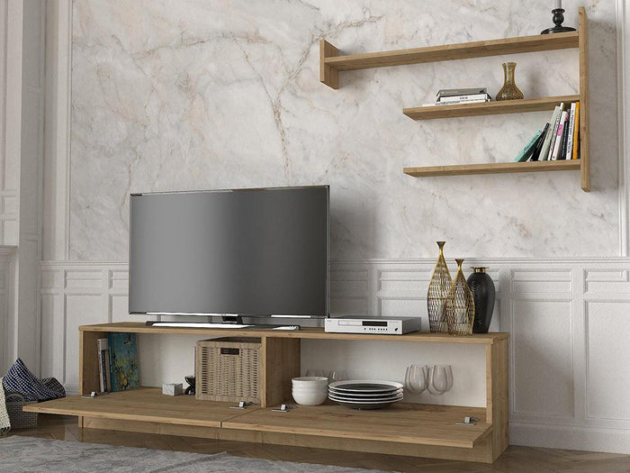 Pack Meuble TV et Table Basse DIMALPHA - Blanc et chêne - Salon et séjour
