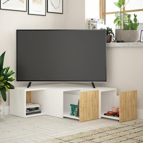 Meuble TV d'angle COMPACT à 2 tiroirs - Blanc et Chêne — vue alternative