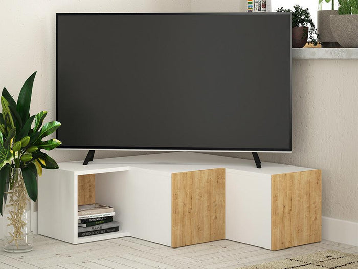 Meuble TV d'angle COMPACT à 2 tiroirs - Blanc et Chêne