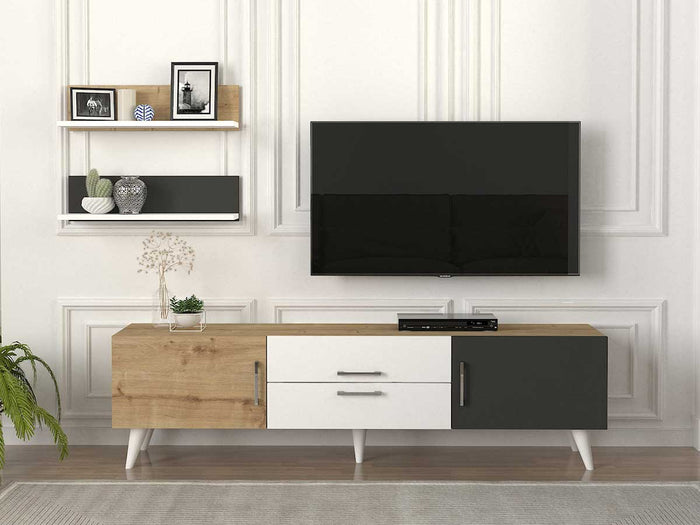 Meuble TV TAHI 160 cm chêne gris et blanc