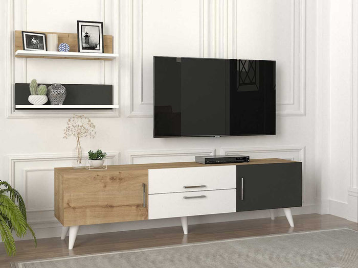 Meuble TV TAHI 160 cm chêne gris et blanc