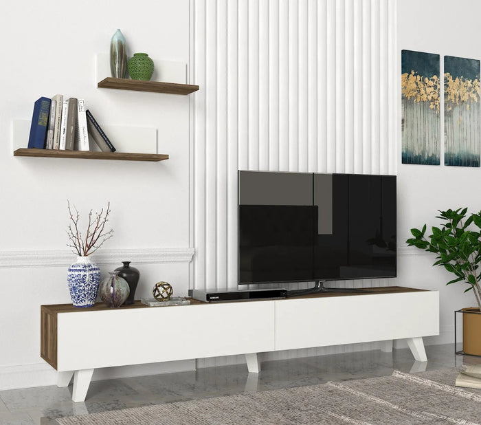 Meuble TV AMERIKA 180cm - Noyer et Blanc