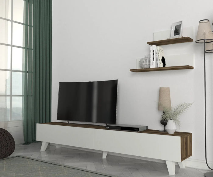 Meuble TV AMERIKA 180cm - Noyer et Blanc