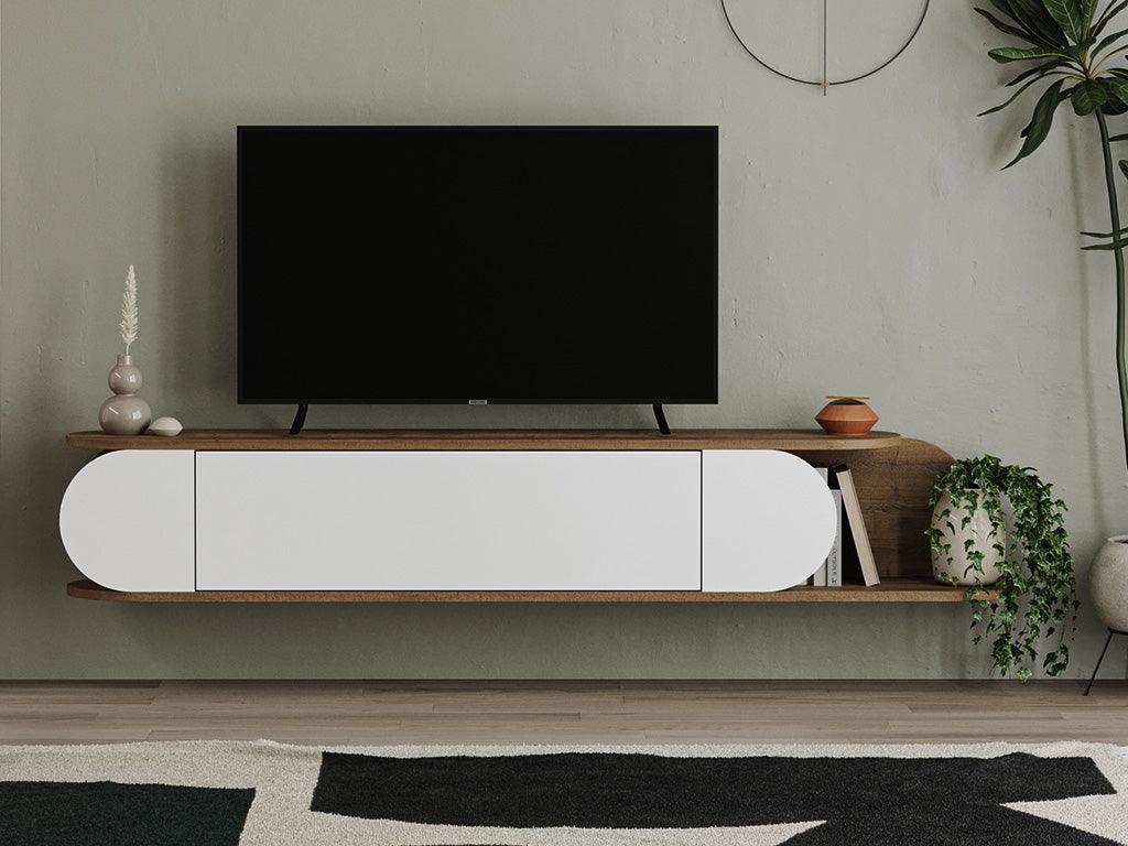 Meuble TV mural moderne TONE 180cm - Noyer et blanc