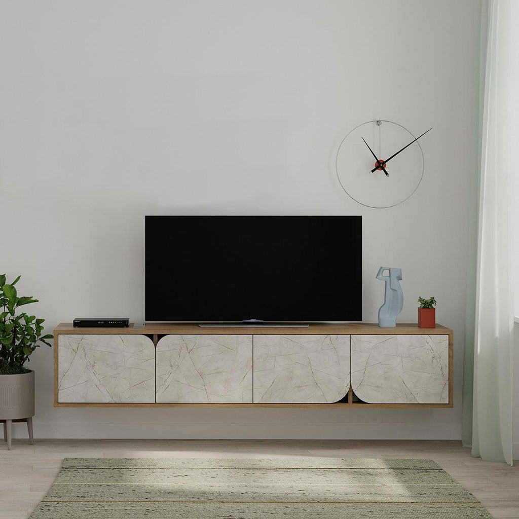 Stand TV mural moderne SPARK 180cm - Noyer et effet marbré