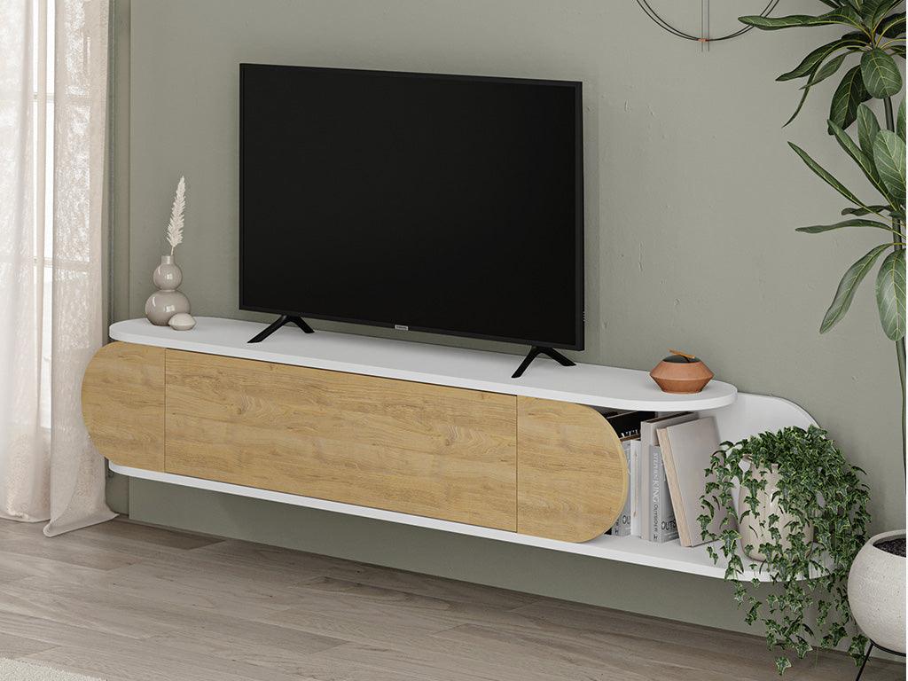 Stand TV mural moderne TONE 180cm - Blanc et Chêne