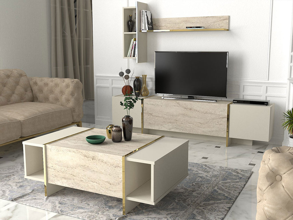 Ensemble Meuble TV & Table basse Travertin Veryon