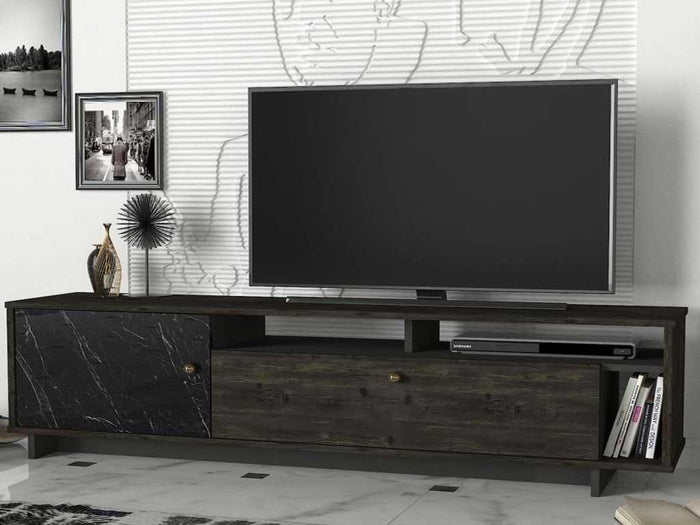 Meuble TV ARTEM 180 cm - Noir Anthracite et Effet Marbre