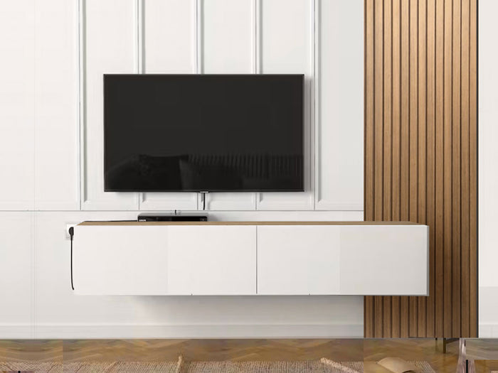 Meuble TV Suspendu avec bardage ARIS 135cm - Blanc chêne