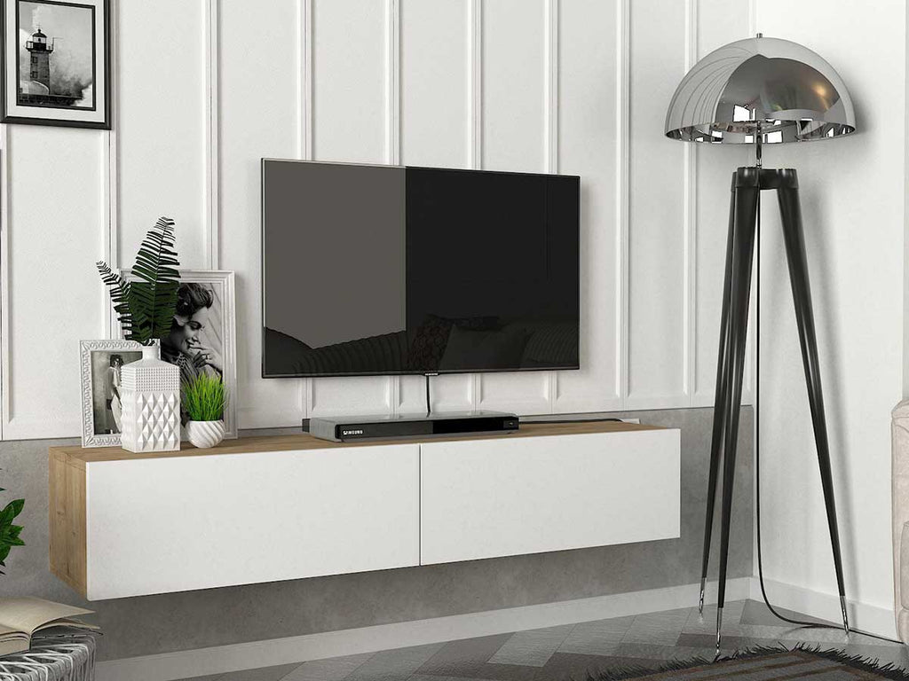Stand TV Suspendu ARIS 135cm - Blanc et Effet chêne