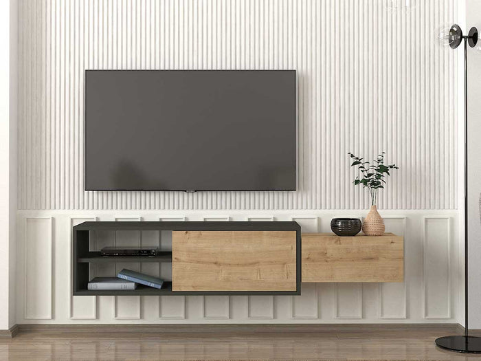 Meuble TV Suspendu DIONE 160 cm chêne et gris anthracite