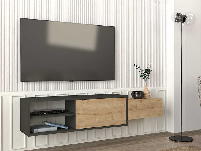 Meuble TV Suspendu DIONE 160 cm chêne et gris anthracite