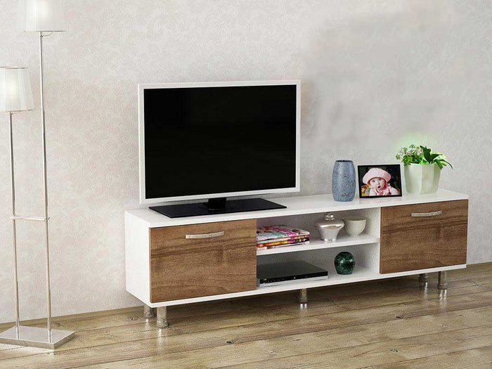 Meuble TV DERMA 150 cm - Blanc et Noyer