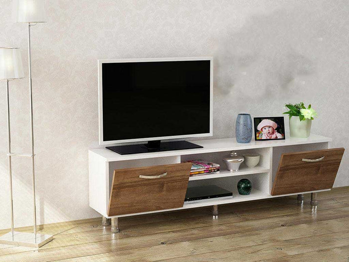 Meuble TV DERMA 150 cm - Blanc et Noyer