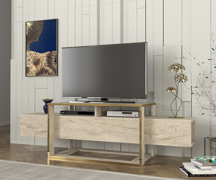 Meuble TV BIANCO - Effet Marbre et Beige clair
