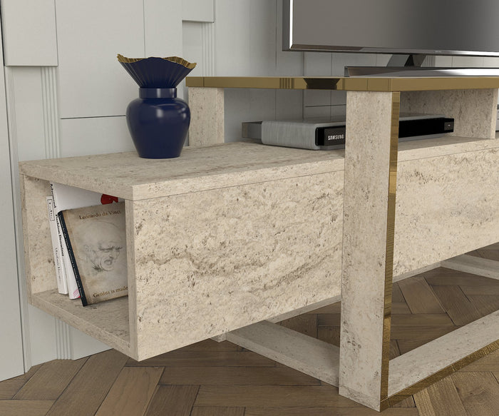 Meuble TV BIANCO - Effet Marbre et Beige clair