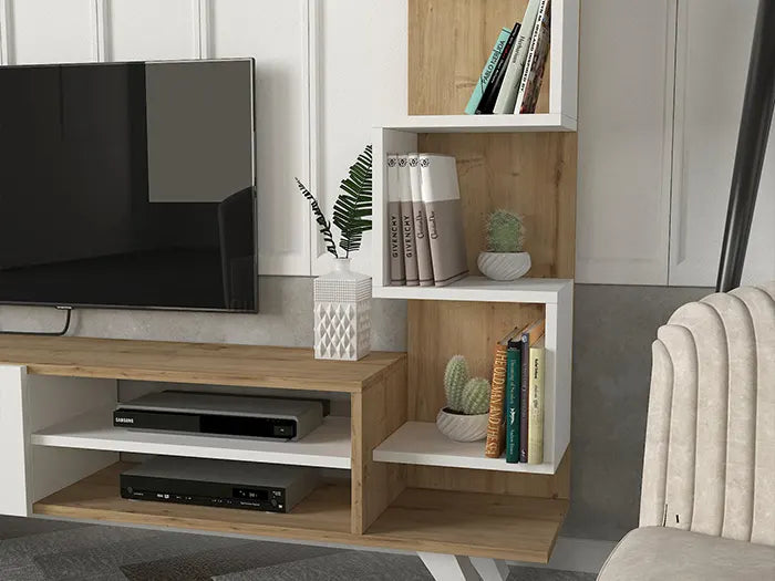 Meuble TV CEREN - Blanc et chêne