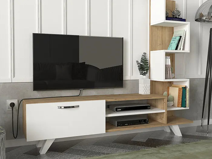 Meuble TV CEREN - Blanc et chêne