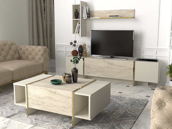 Meubles TV Veyron - Effet Marbre et Beige Clair