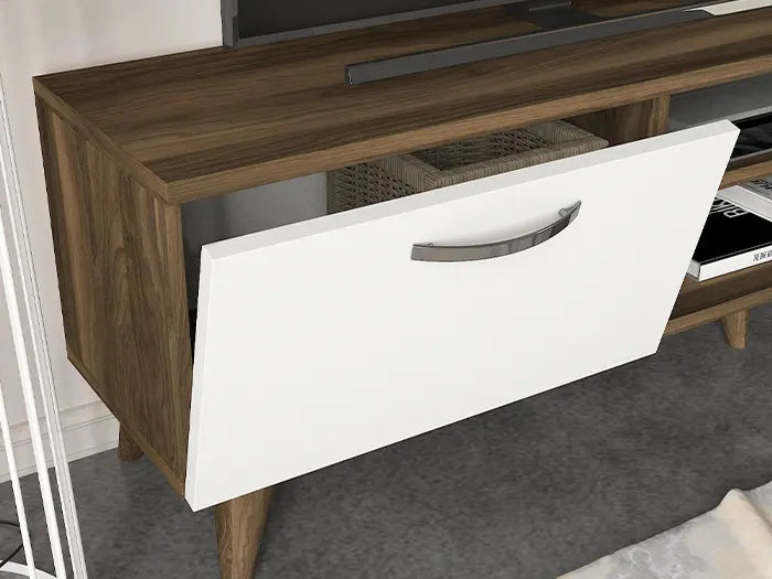 Meuble TV AYDEN 150cm - Noyer et Blanc