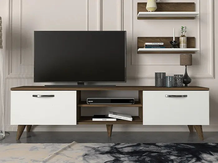 Meuble TV AYDEN 150cm - Noyer et Blanc