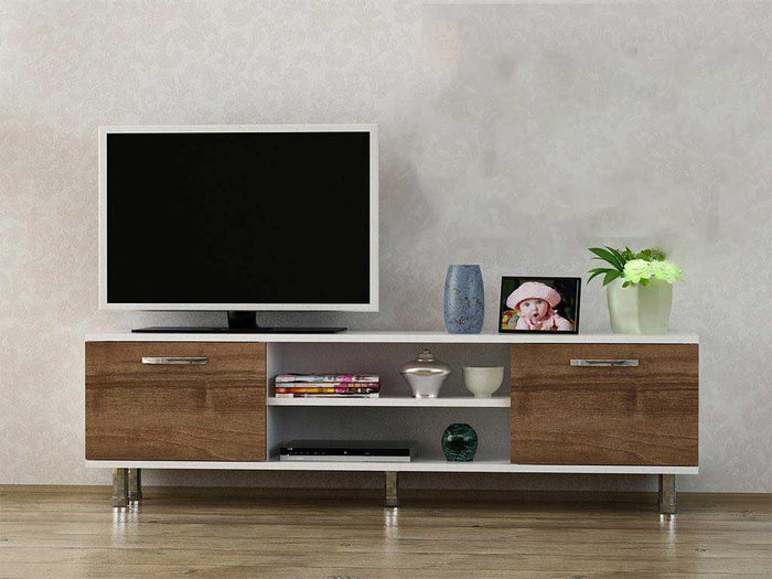 Meuble TV DERMA 150 cm - Blanc et Noyer