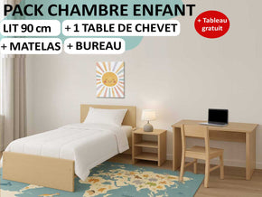Pack Chambre d'enfant Lit + table de chevet + sommier + Matelas+ bureau + Tableau gratuit
