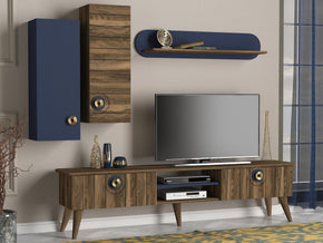 Ensemble de Meuble TV MARE avec rangement - Noyer, Bleu et Doré — vue alternative