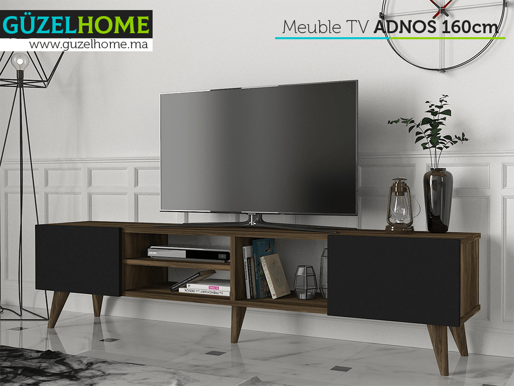 Stand TV ADNOS 160cm - Noyer et Noir - Ameublement Maroc