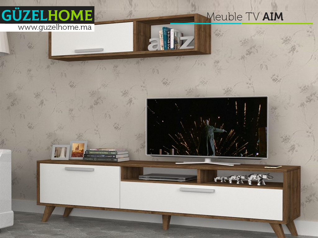 Meuble TV AIM 180CM -  avec rangement - Noyer et Blanc