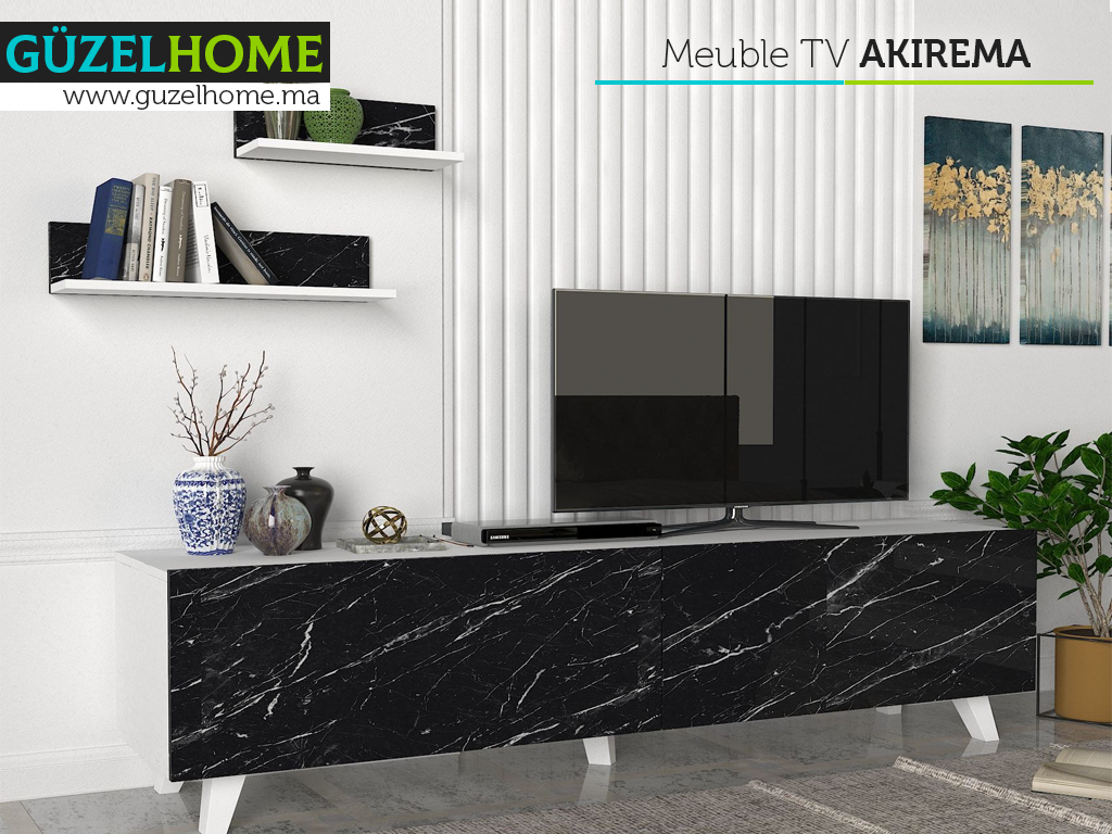Meuble TV AKIREMA - Blanc et Effet Marbre
