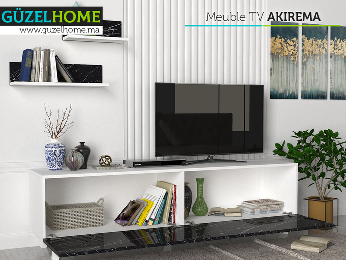 Meuble TV AKIREMA - Blanc et Effet Marbre