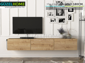 Mobilier TV Suspendu ALMAD 180cm - Effet chêne - Meubles de décoration chez GÜZELHOME Maroc