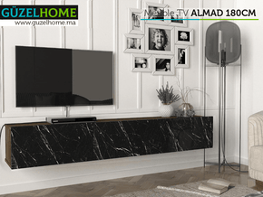 Meuble TV Suspendu ALMAD 180cm - Noyer et effet marbre - Meubles de décoration chez GÜZELHOME Maroc