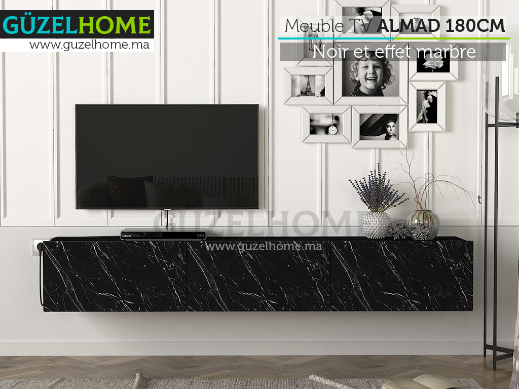 Stand TV Suspendu ALMAD 180cm - Noir et effet marbre