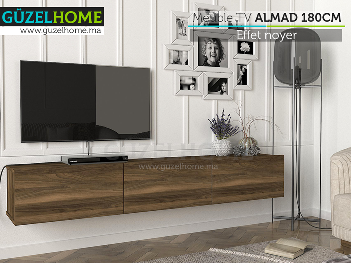 Stand TV Suspendu ALMAD 180cm - Effet noyer - Salon et séjour